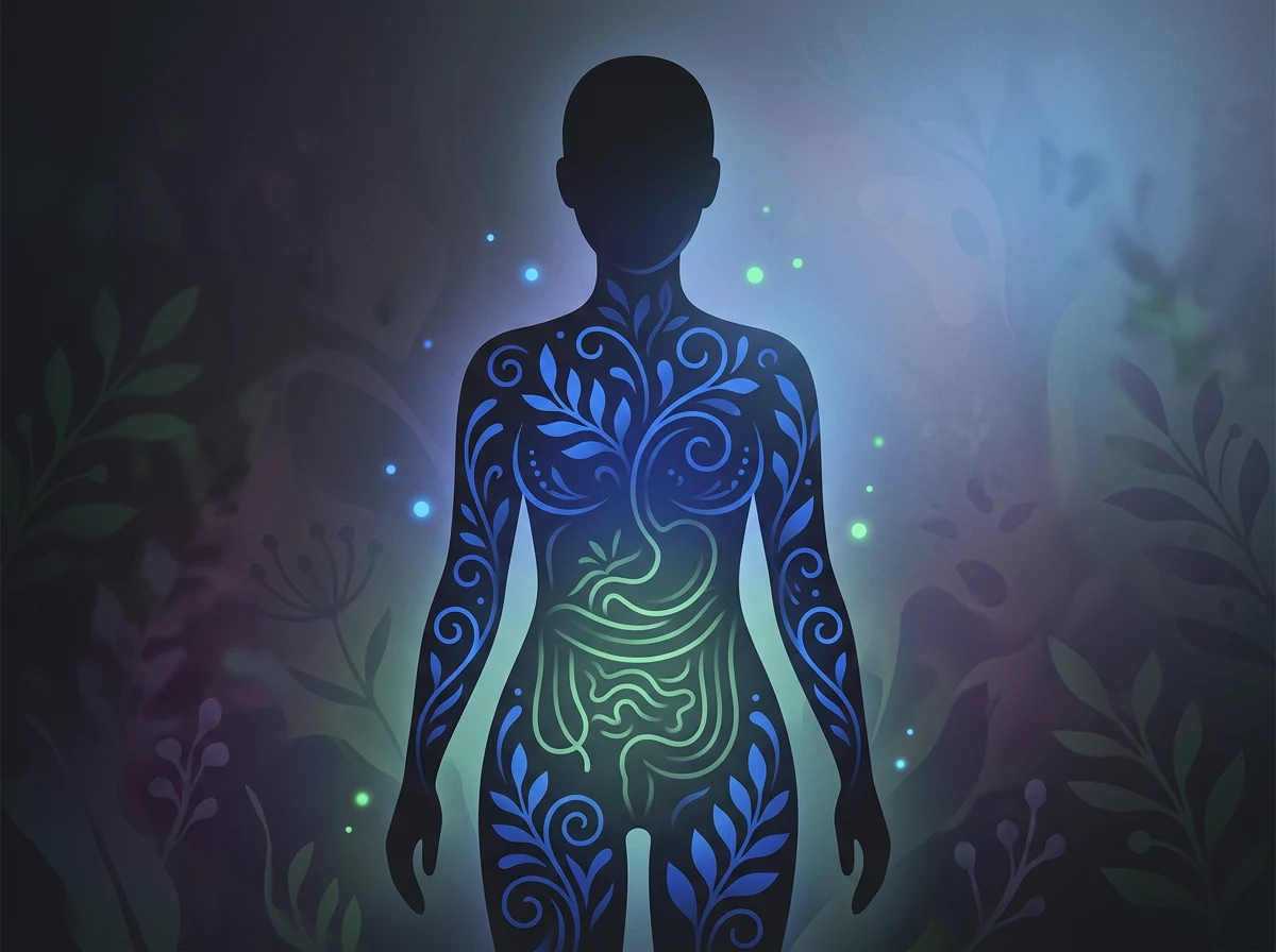 Gestileerde illustratie van anoniem figuur met blauwe botanische spiralen, wellness concept voor ondersteuning normale spijsvertering kruiden