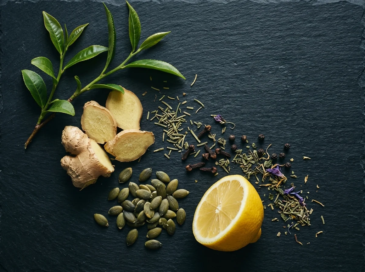 Verse gemberwortel, groene thee bladeren en pompoenpitten op donker leisteen, botanische ingrediënten voor voedingssupplement met groene thee en gember