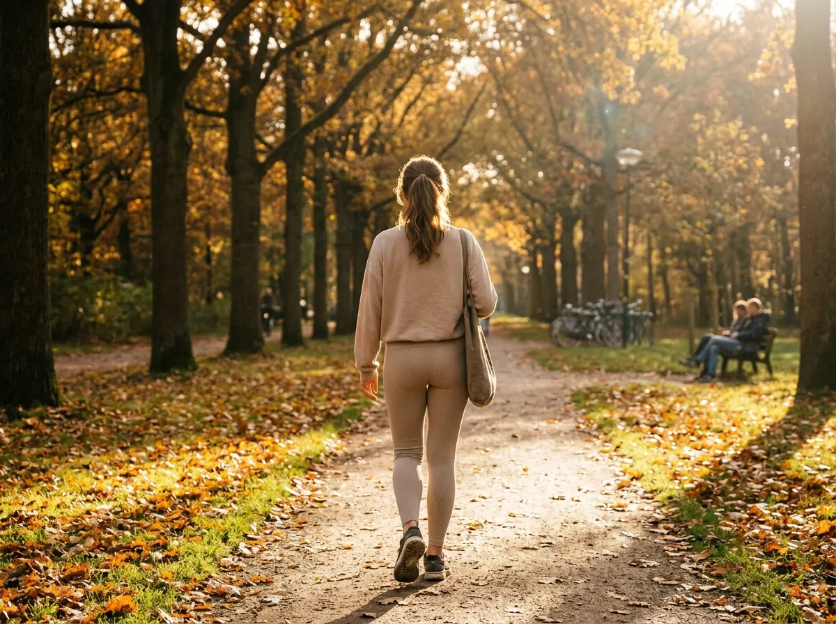 Anonieme vrouw van achteren lopend in een zonnig park, actieve leefstijl dagelijkse welzijnsroutine met plantaardige capsules