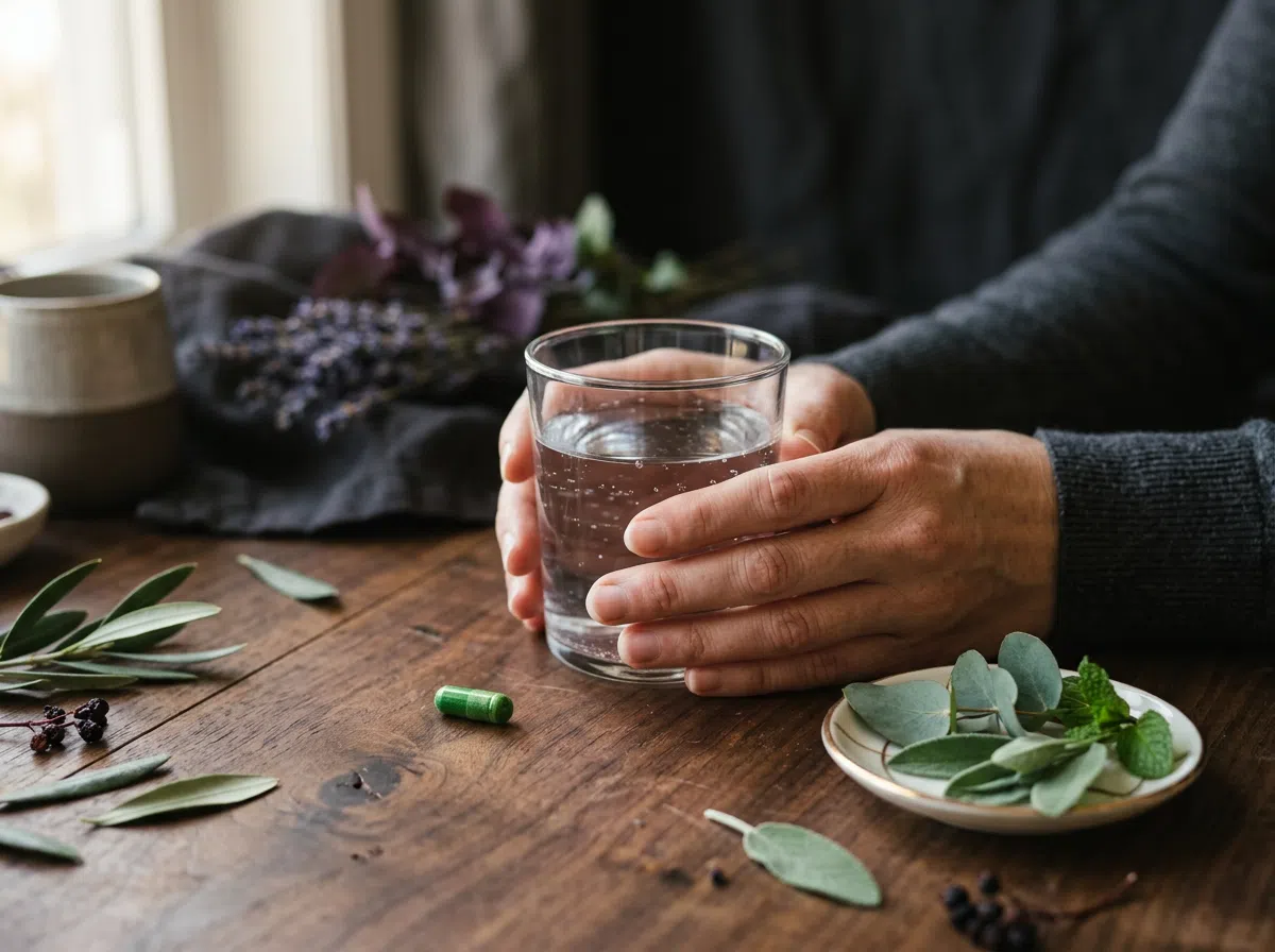 Handen met een glas water en plantaardig supplement capsule op houten tafel, B-vitaminen bijdrage aan normaal energieniveau